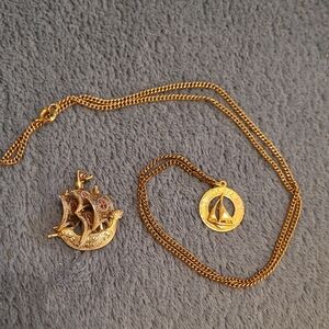 12k Gold Filled Sailboat Pendant, Goldtone Chain & Spanish Galleon Brooch Lot